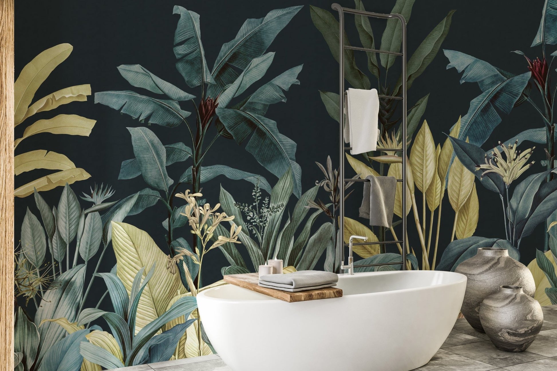 Dark green foliage wall mural behind a white porcelain bathtub in a modern bathroom.