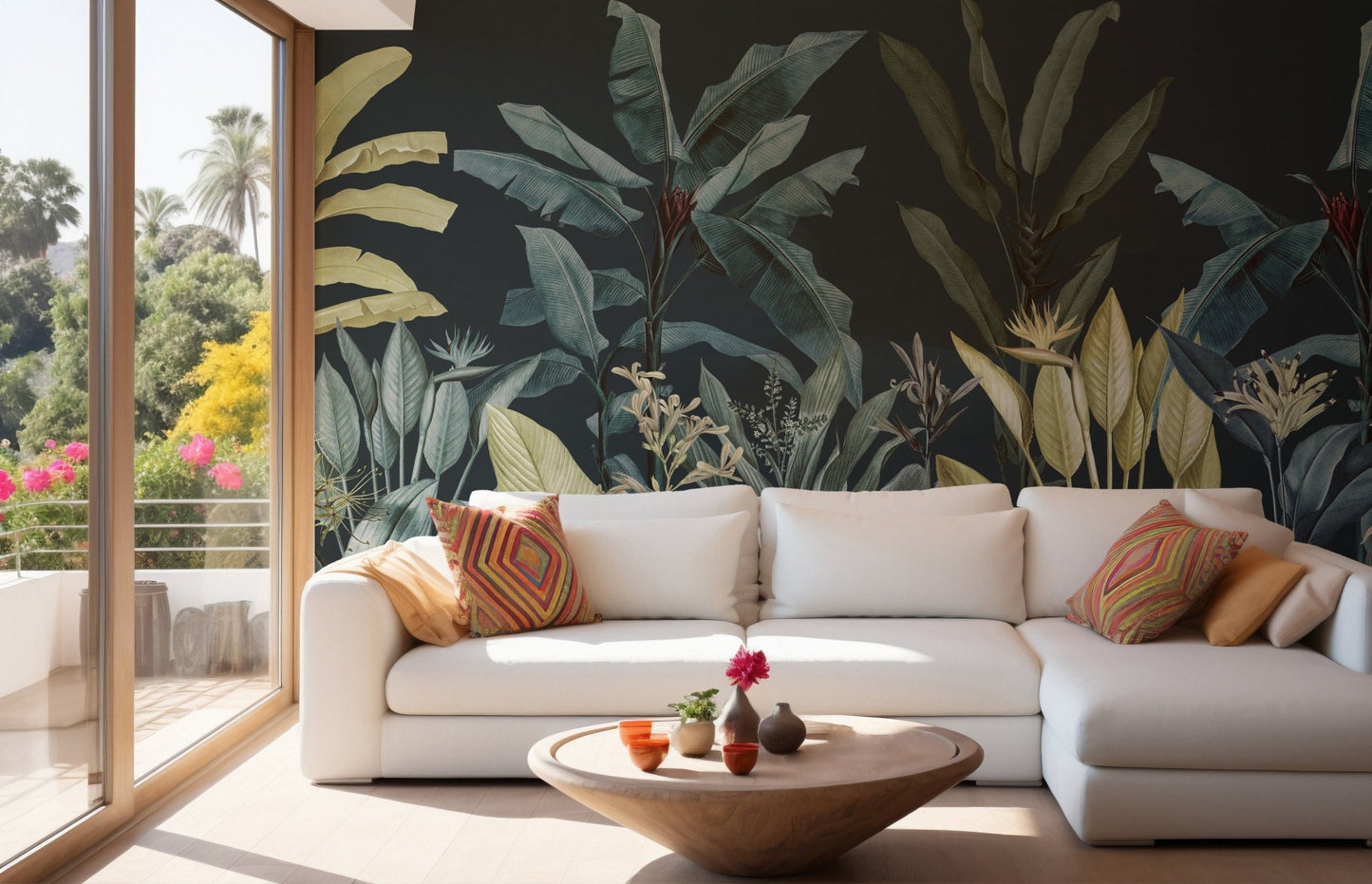 Dark Jungle Oasis Wallcoverings Murals in a living room with a white sectional sofa.