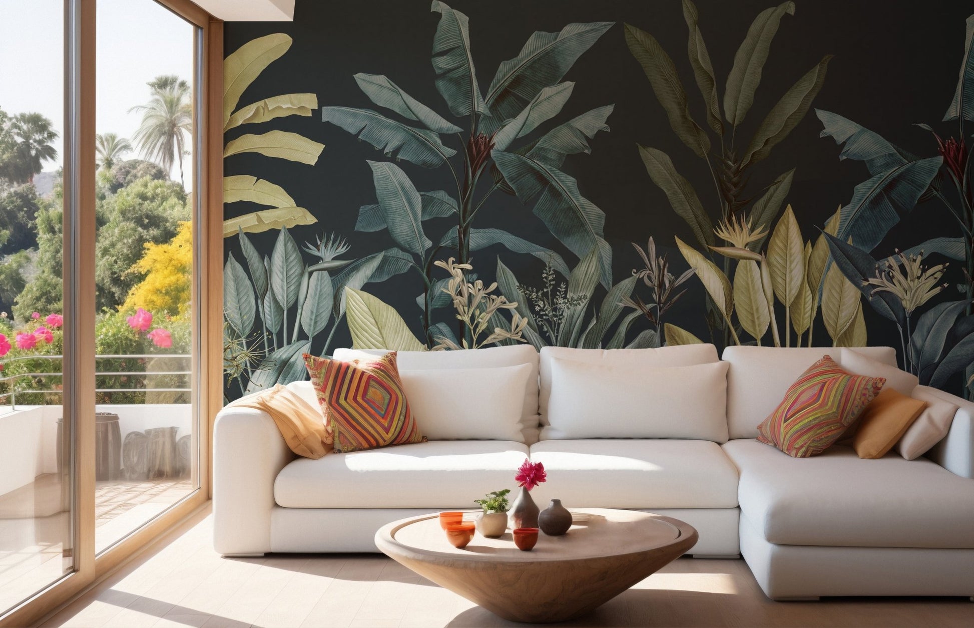 Dark Jungle Oasis Wallcoverings Murals in a living room with a white sectional sofa.