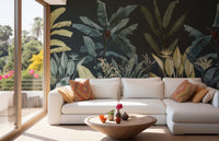 Dark Jungle Oasis Wallcoverings Murals in a living room with a white sectional sofa.