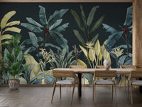 Large oasis leaf wall mural in a dining space with light wood chairs and a dark background.