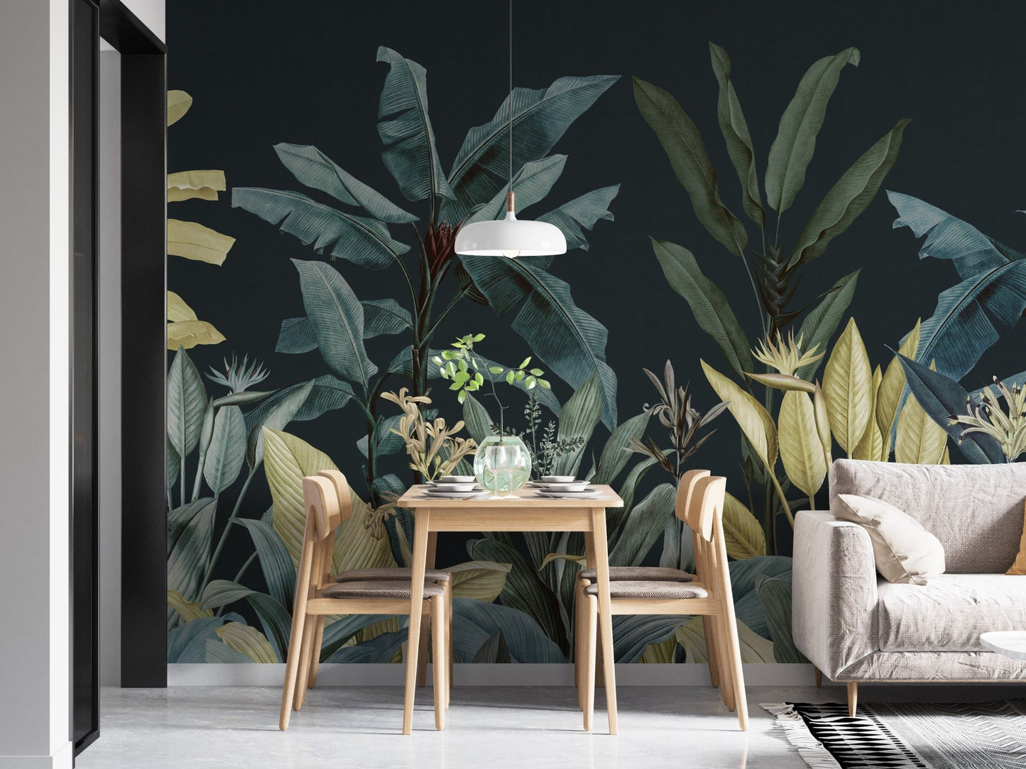 Nature-themed oasis wall mural in a small dining area with a round wooden table.