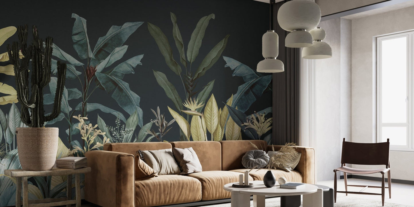 Botanical oasis wall mural in a living area with a tan leather sofa and grey accents.
