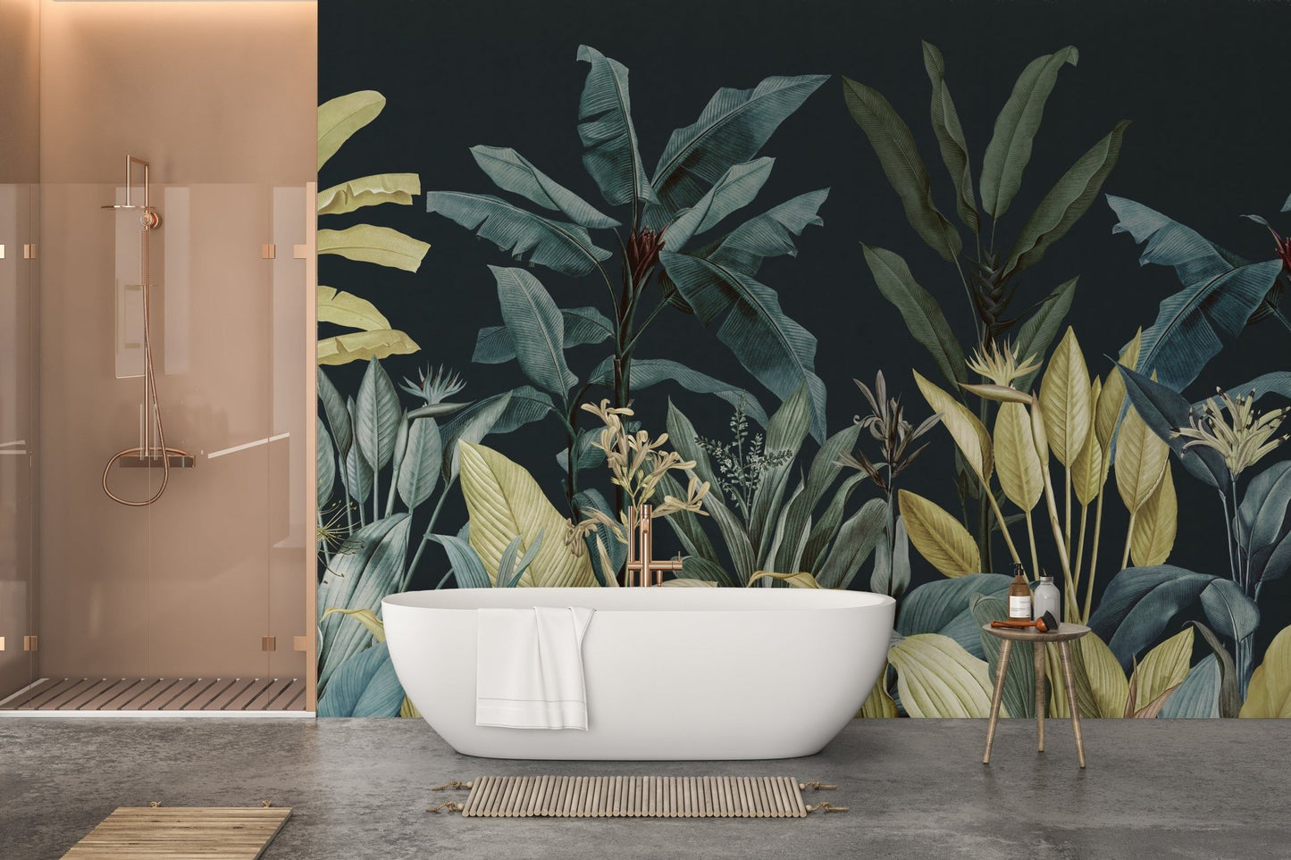 Dark Jungle Oasis Wallcoverings Murals in a bathroom with a white oval tub.