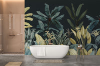 Dark Jungle Oasis Wallcoverings Murals in a bathroom with a white oval tub.