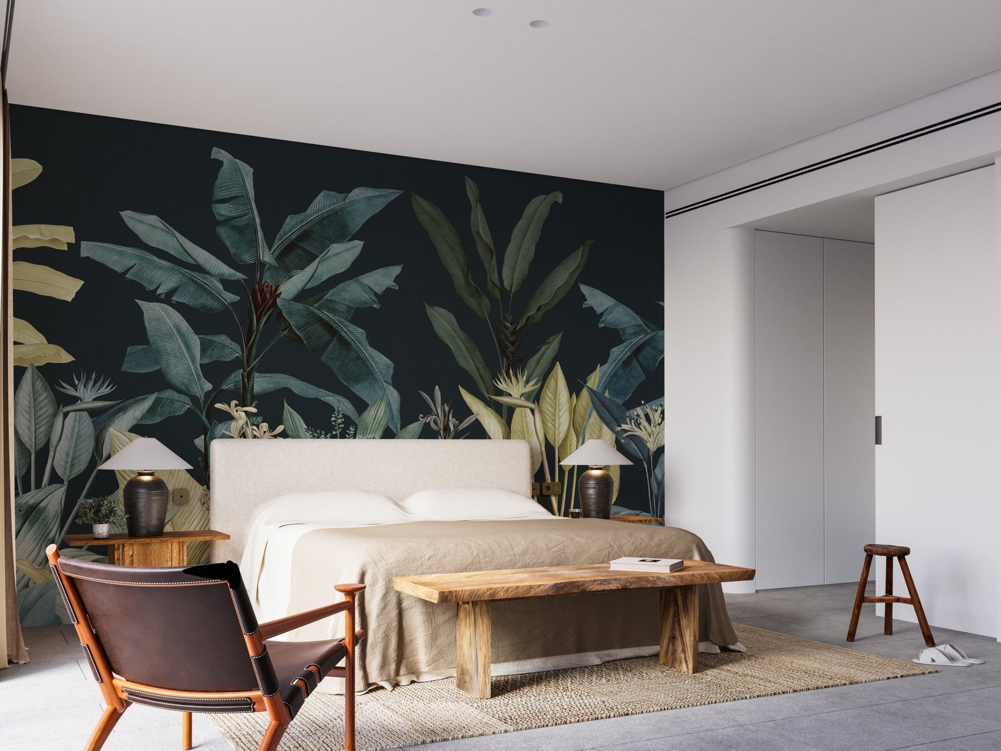 Dark Jungle Oasis Wallcoverings Murals as a headboard feature wall in a bedroom.