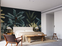 Dark Jungle Oasis Wallcoverings Murals as a headboard feature wall in a bedroom.