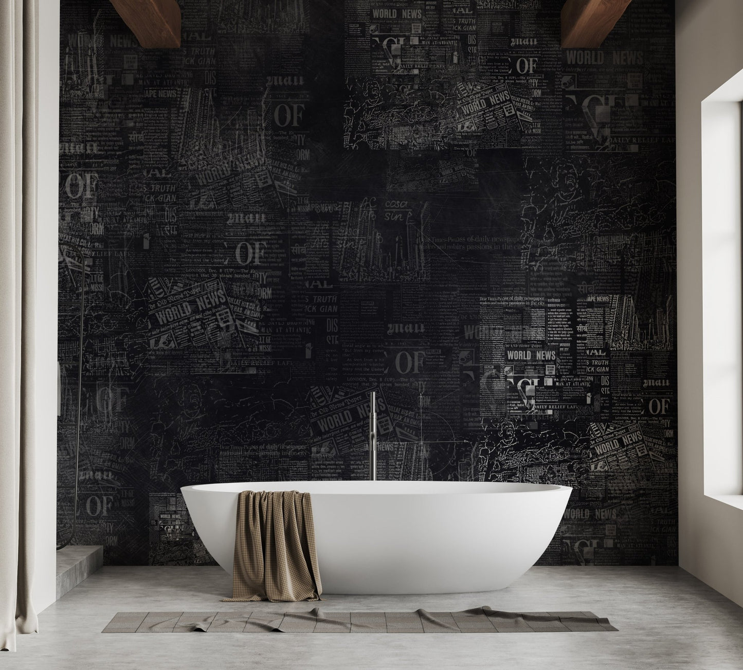 Dark Newspaper Headlines Wall Mural in modern bathroom.