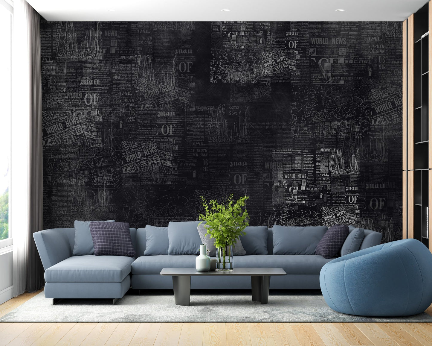 Industrial style Dark Newspaper Headlines Mural in a bright living space.