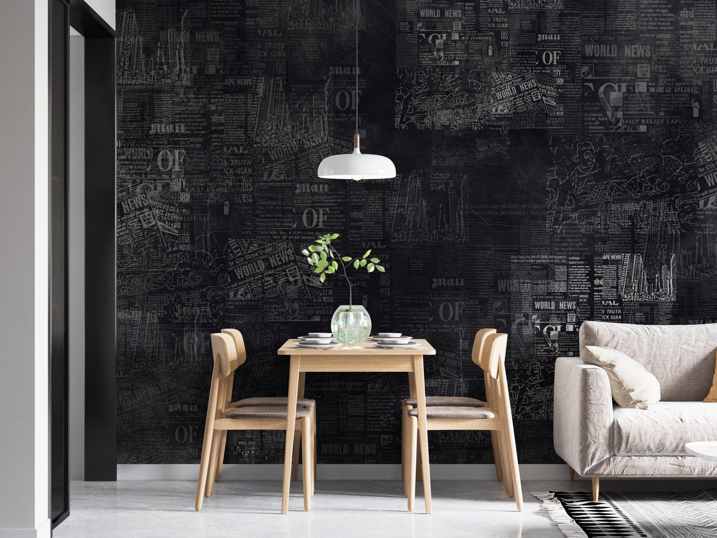 Artistic newspaper textured wall mural in a small dining nook.