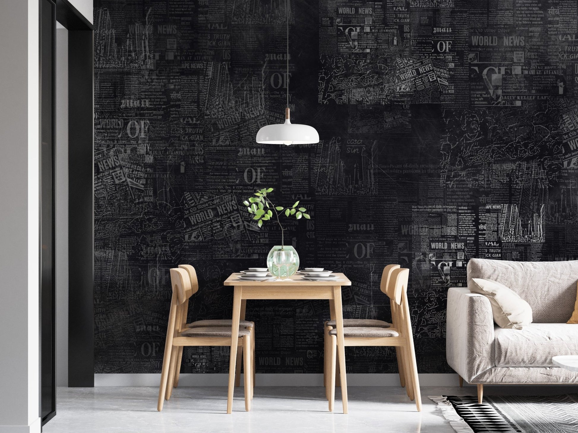 Artistic newspaper textured wall mural in a small dining nook.