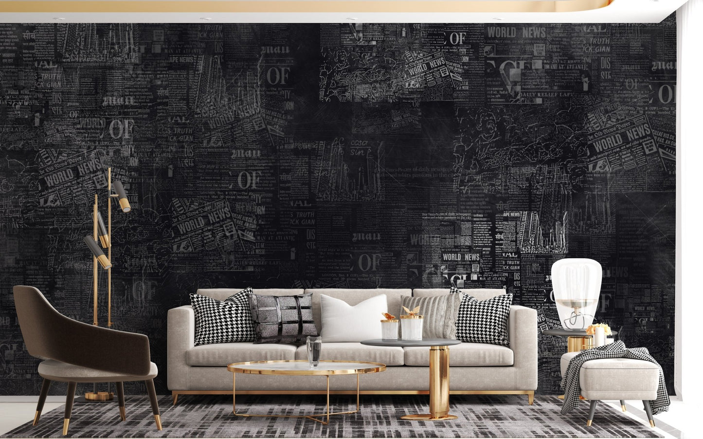 Charcoal grey newsprint wall mural in a lounge area.
