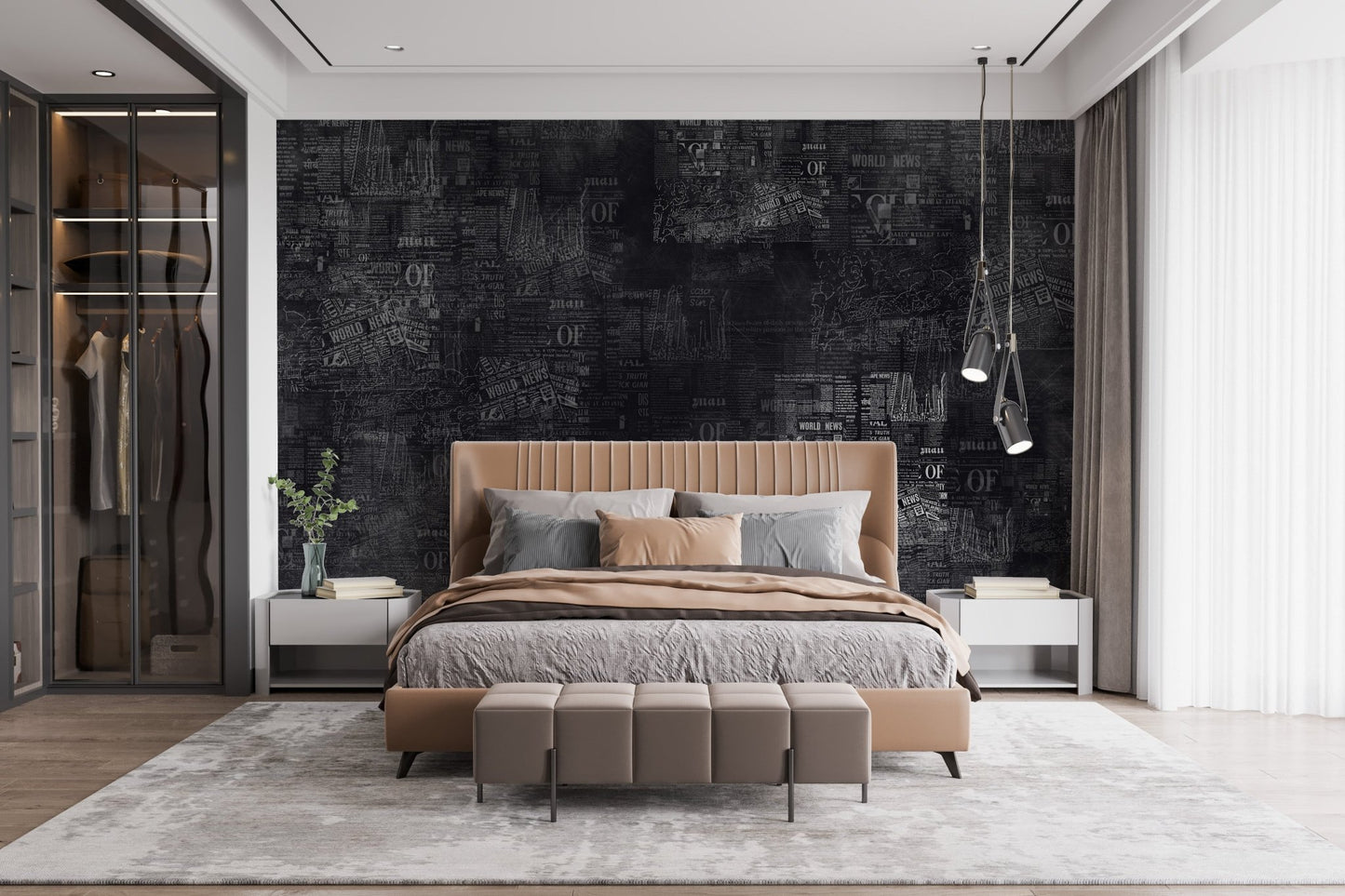 Dark Newspaper Headlines Wall Mural in a master bedroom.