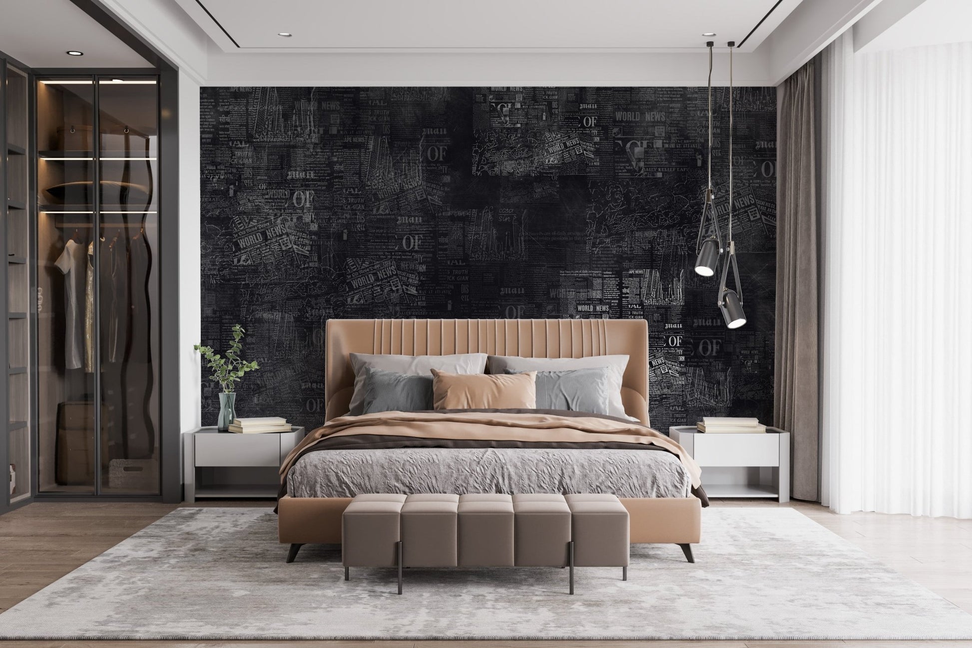 Dark Newspaper Headlines Wall Mural in a master bedroom.