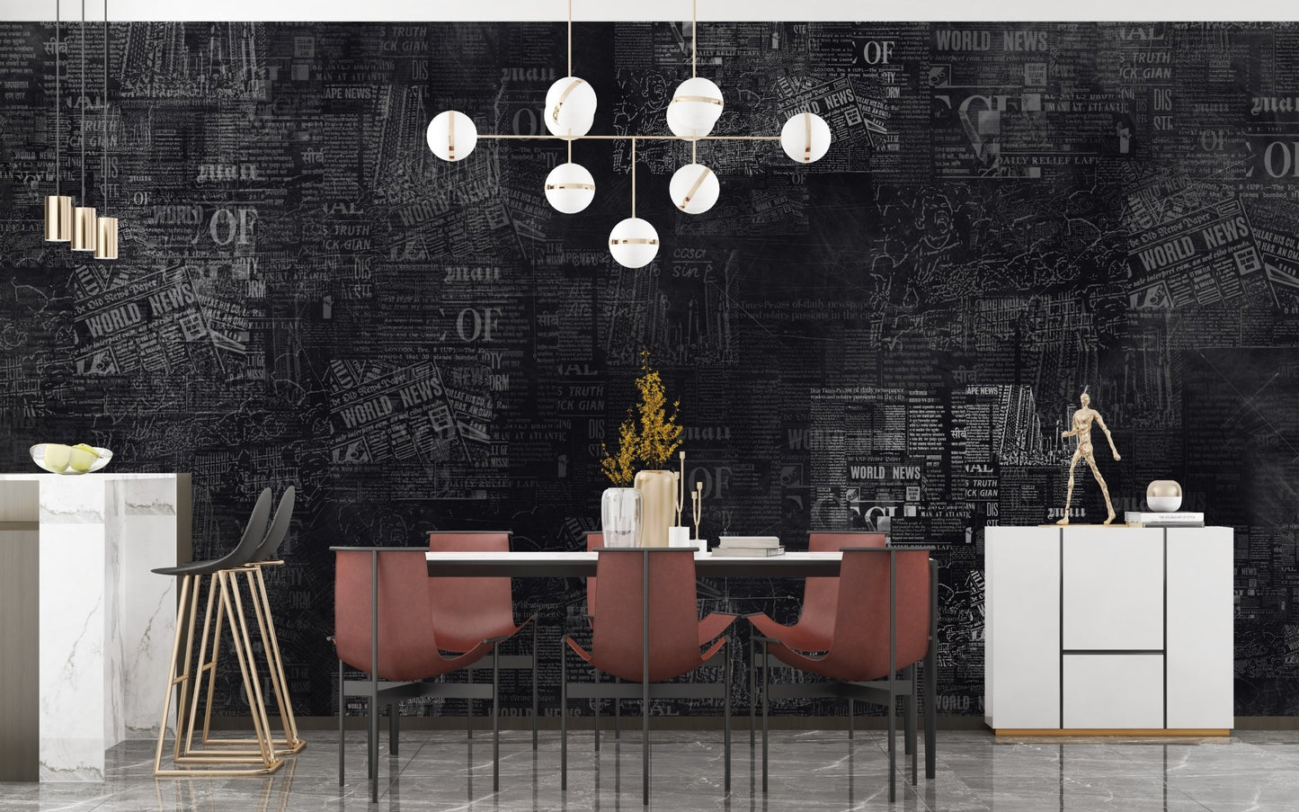 Textured black newspaper wall mural in a formal dining room.