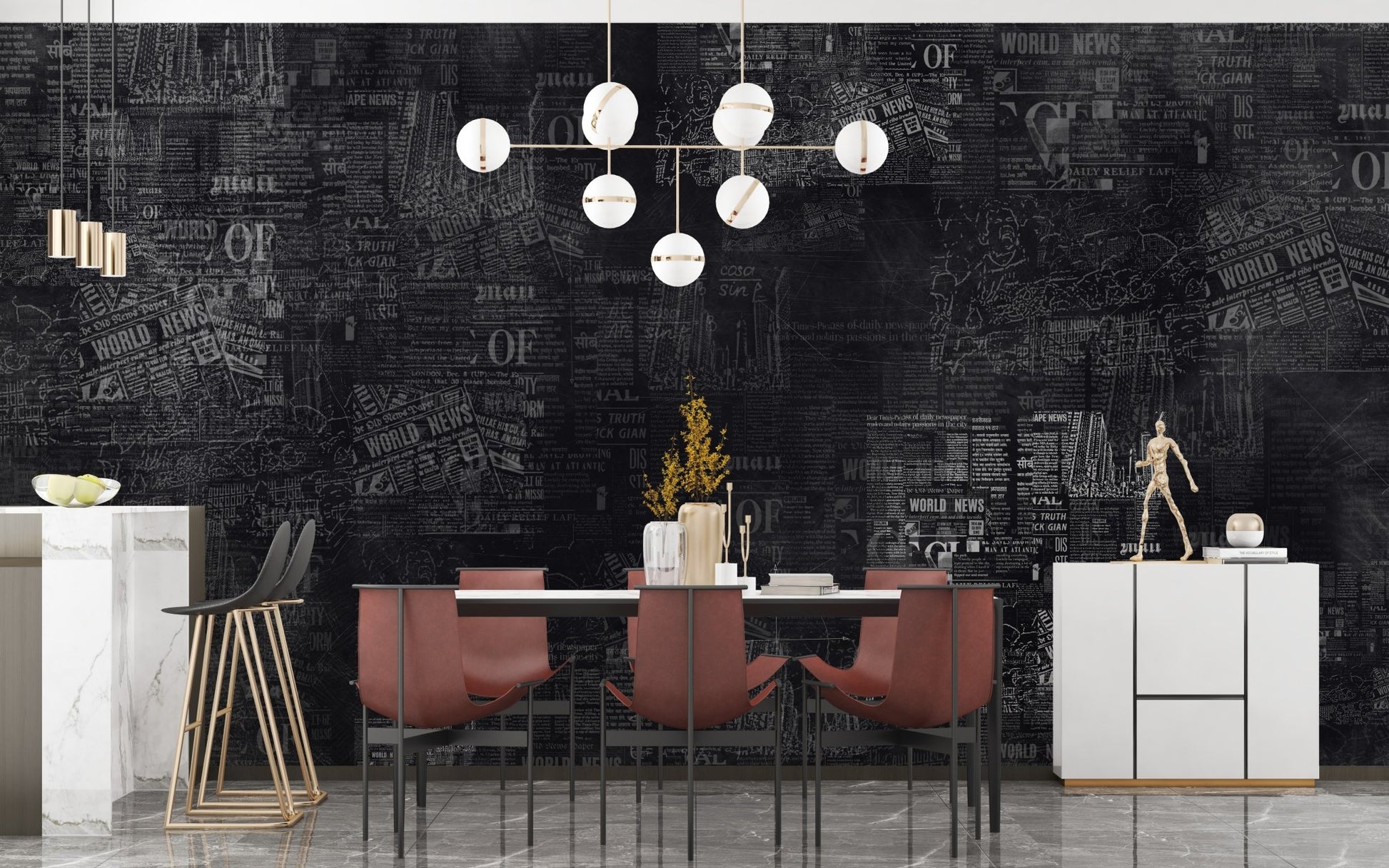 Textured black newspaper wall mural in a formal dining room.