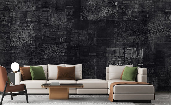 Dark Newspaper Headlines Wall Mural in a modern living room.