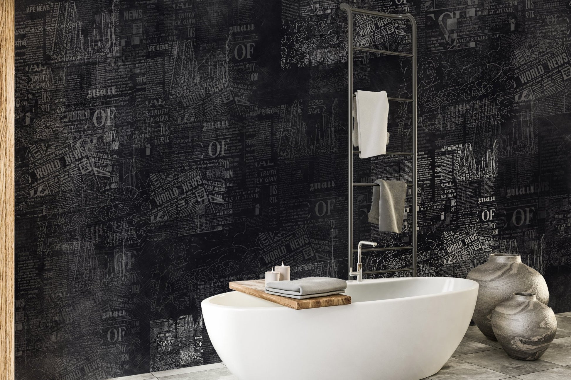 Matte black headline print wall mural in a contemporary bathroom.