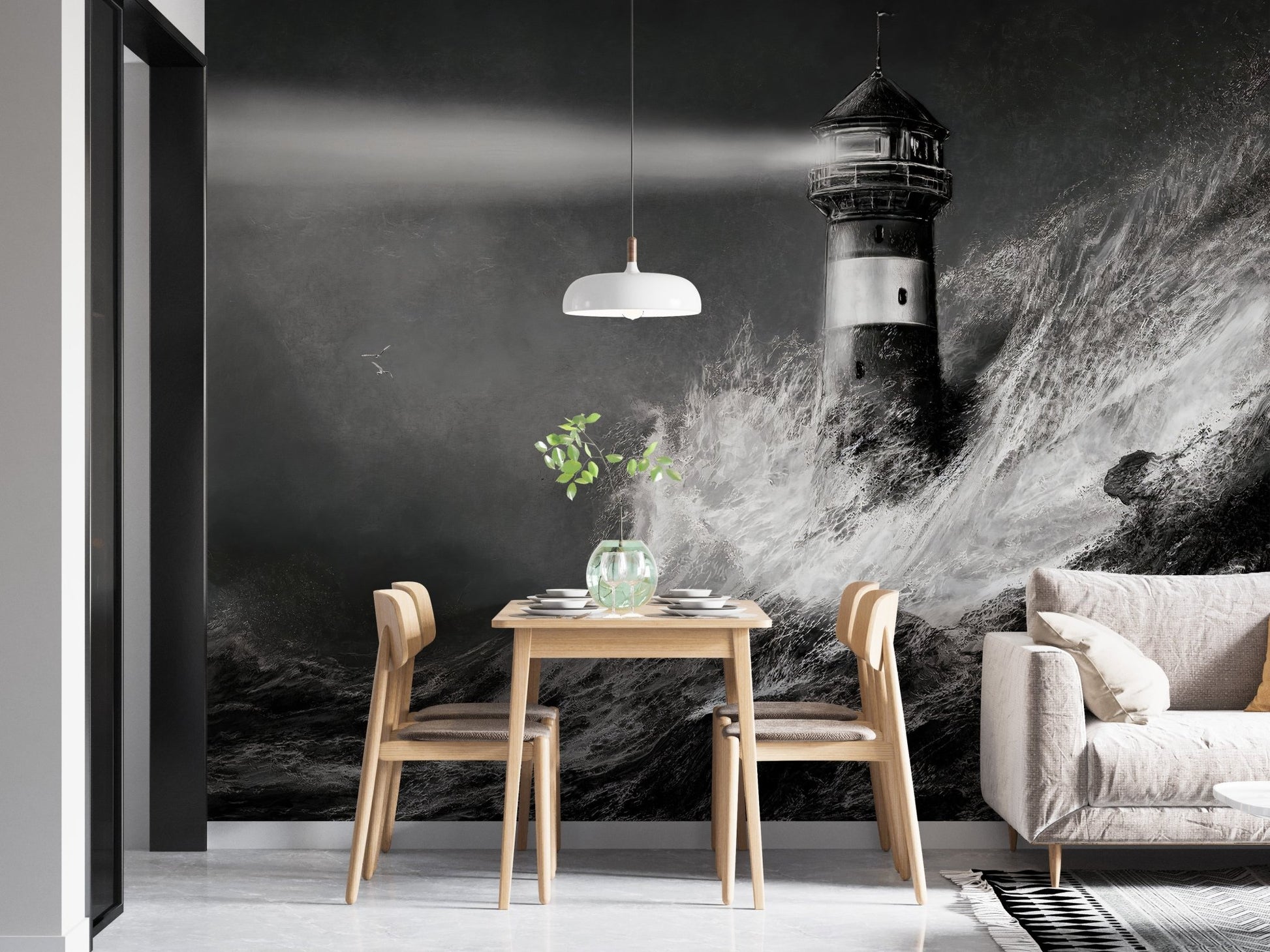 Coastal lighthouse wall mural in dining space with light wood furniture and greenery.


