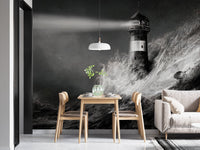 Coastal lighthouse wall mural in dining space with light wood furniture and greenery.


