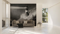 Dark night lighthouse mural for living room walls.
