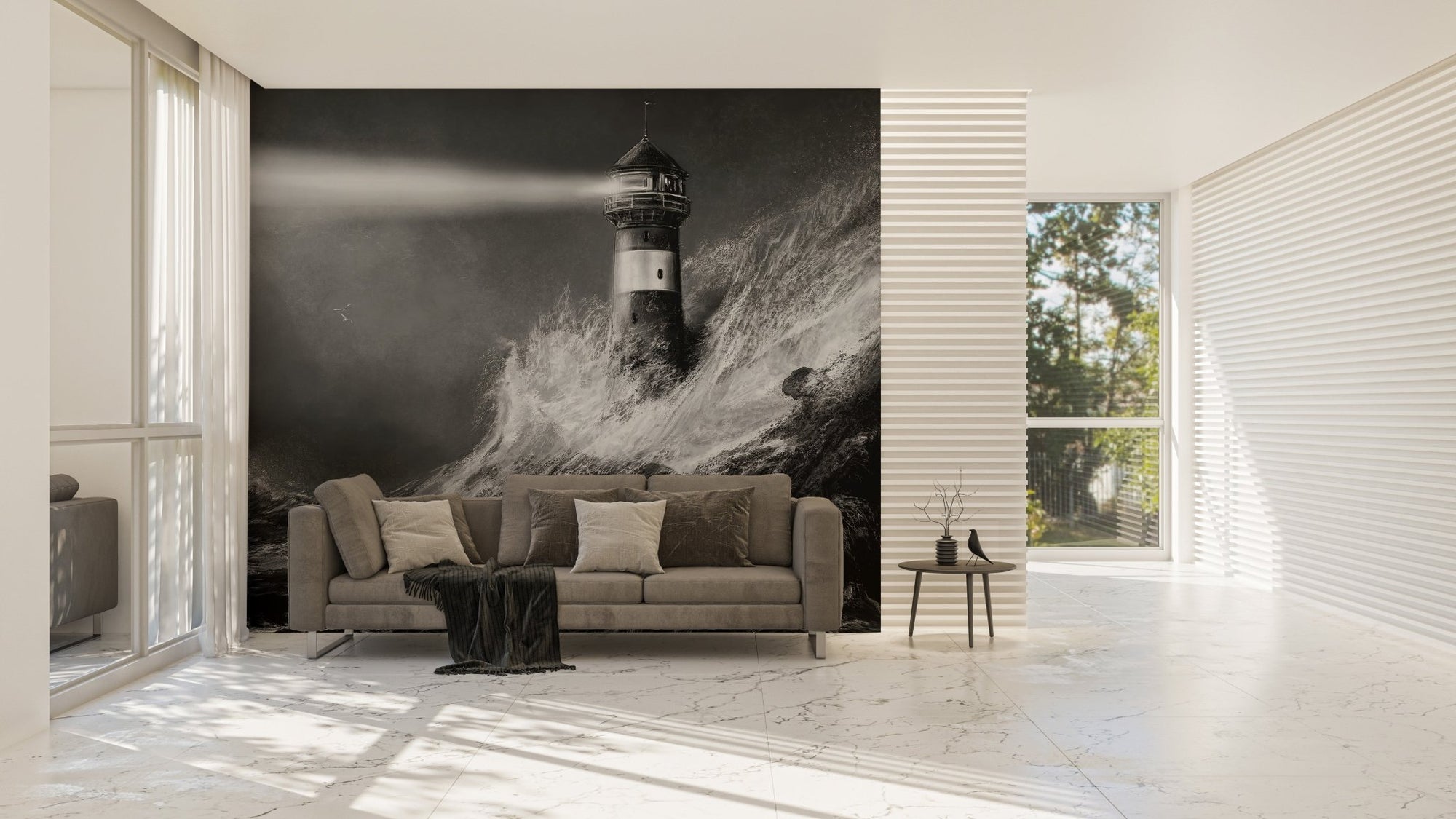 Dark night lighthouse mural for living room walls.
