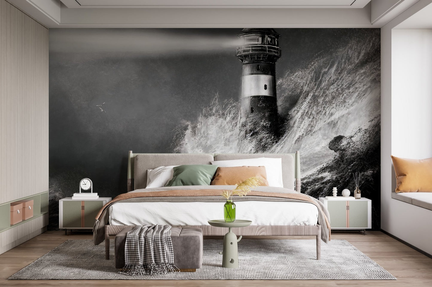 Oceanic lighthouse wall mural in contemporary bedroom with neutral rugs and lamps.