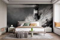 Oceanic lighthouse wall mural in contemporary bedroom with neutral rugs and lamps.