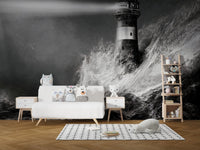 Dark lighthouse wall mural for serene kids playroom decor.
