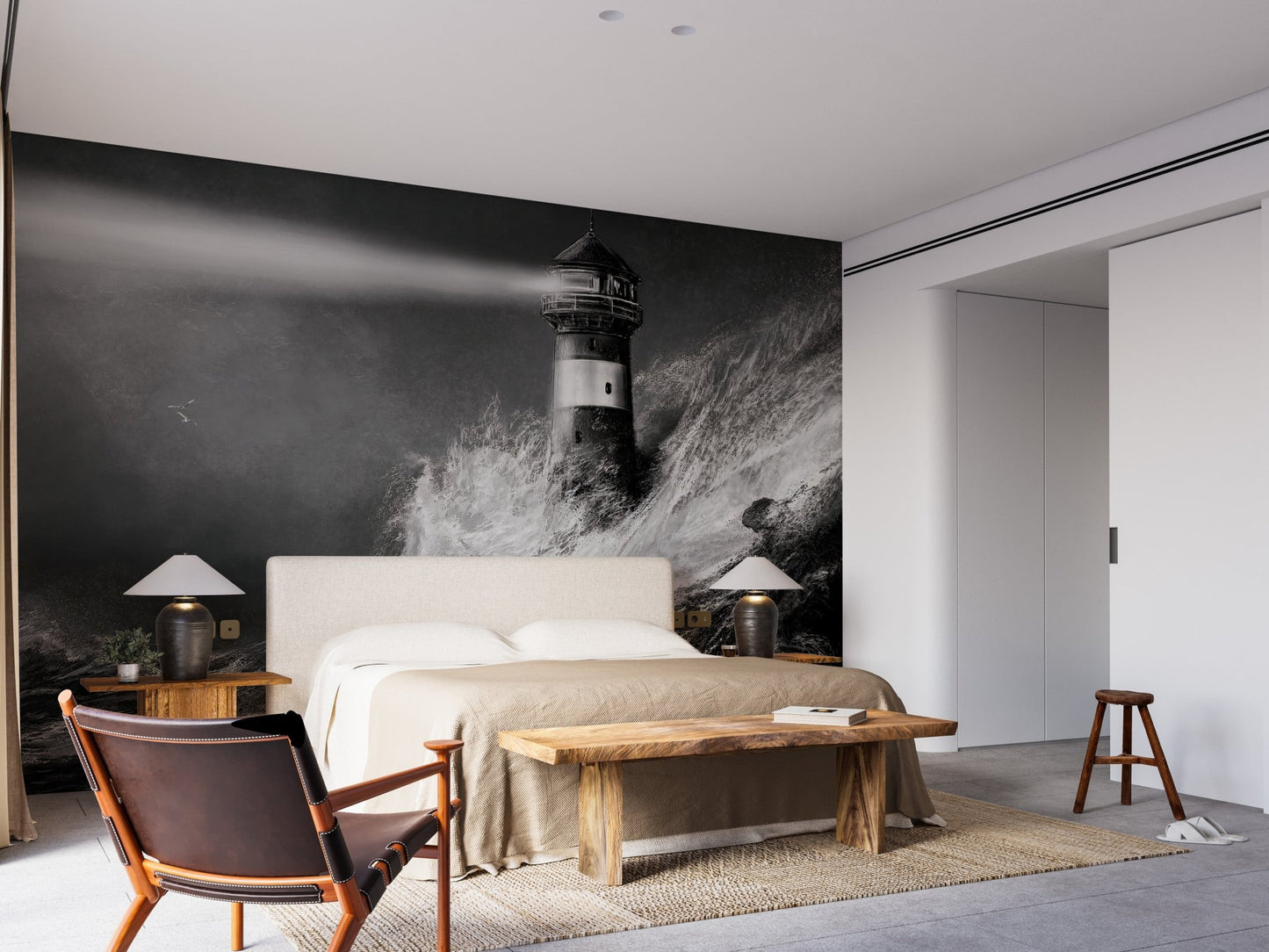 Nighttime lighthouse mural for modern bedroom interior.
