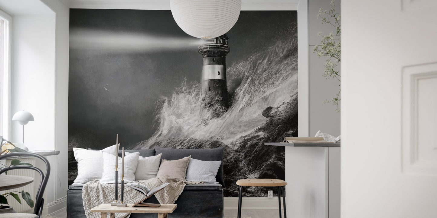 Lighthouse wall mural with night scenery in living area.
