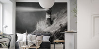 Lighthouse wall mural with night scenery in living area.
