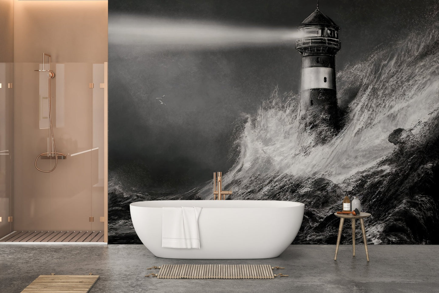 Dramatic lighthouse wall mural in bathroom with white bathtub and glass partitions.