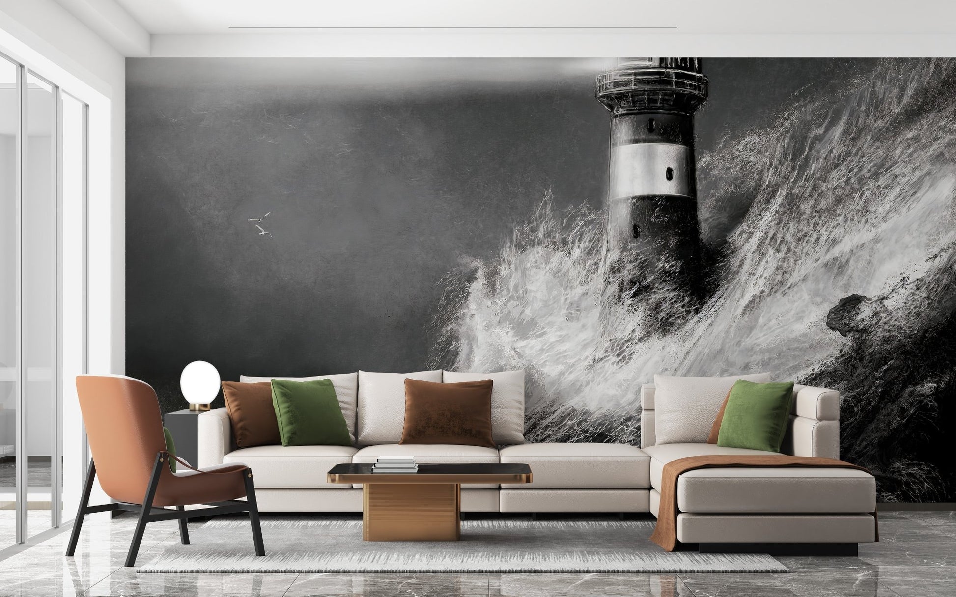 Monochromatic lighthouse wall mural in living room with large L-shaped sectional sofa.