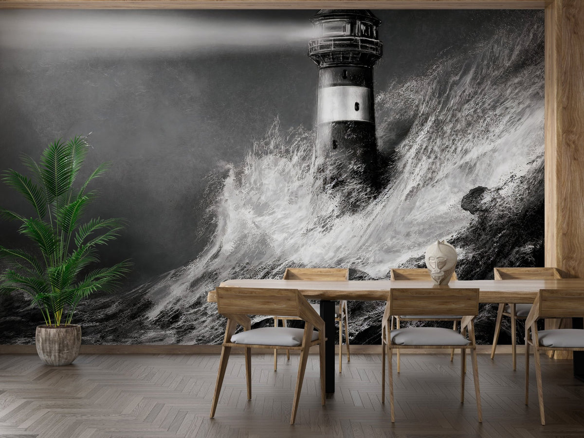 Stormy night sea wall mural with lighthouse in dining area with wooden table and chairs.