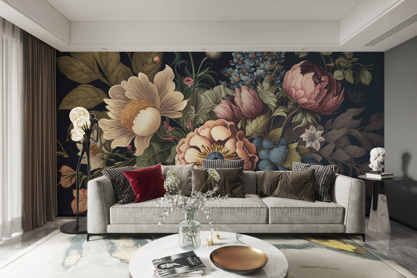 Subdued botanical wall mural with warm cream and cool blue flower tones.