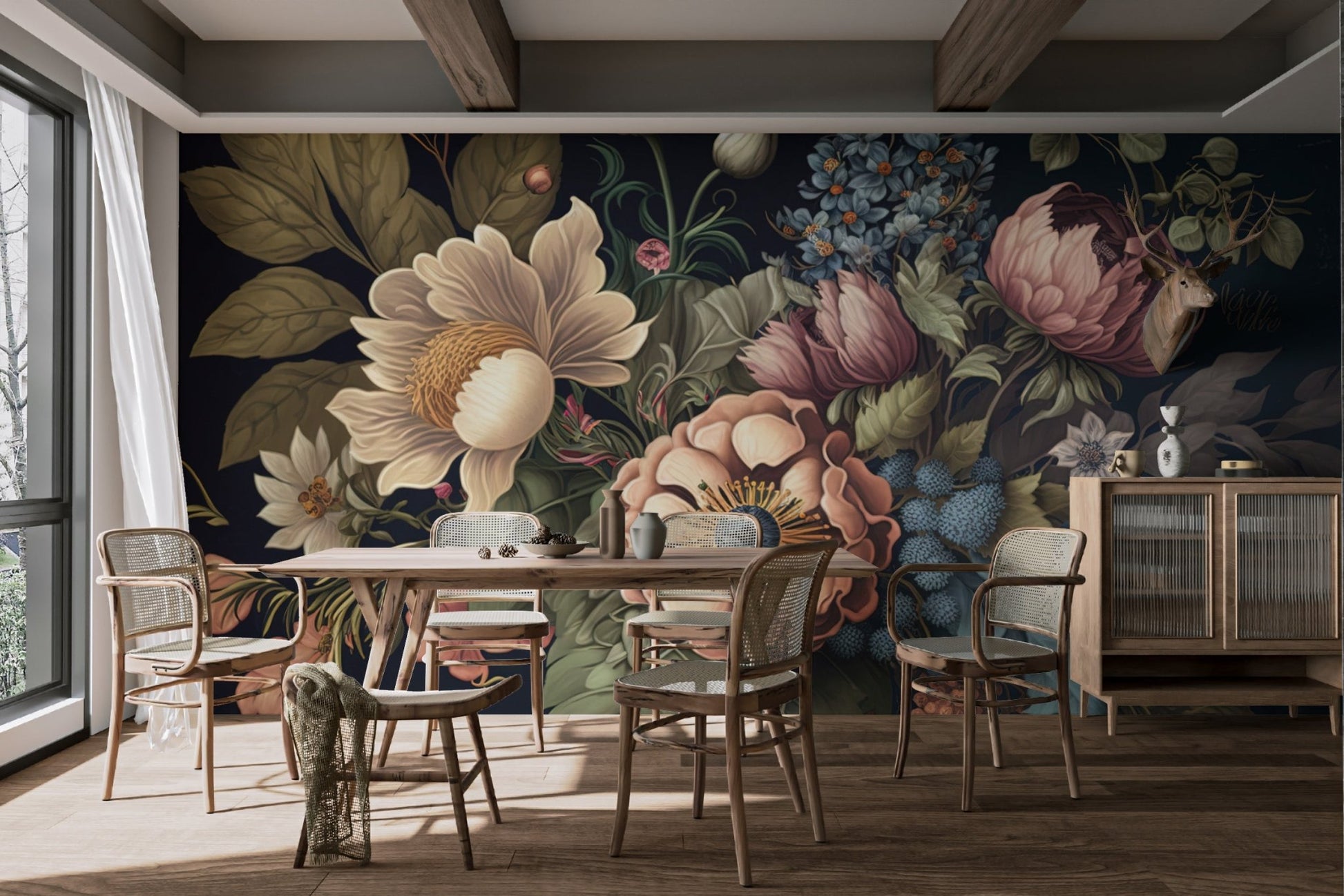 Classic botanical wall mural with muted peony and anemone floral designs.