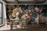 Classic botanical wall mural with muted peony and anemone floral designs.