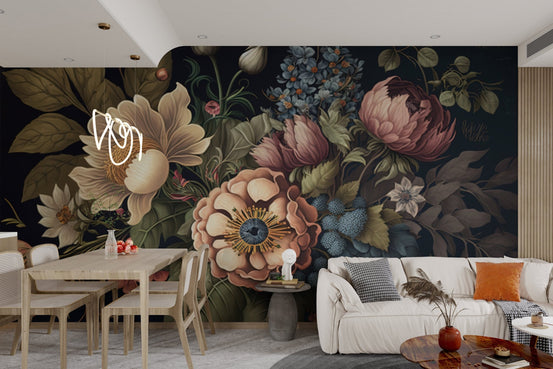 Moody wall mural with slate blue flowers and oversized leaves on a dark background.