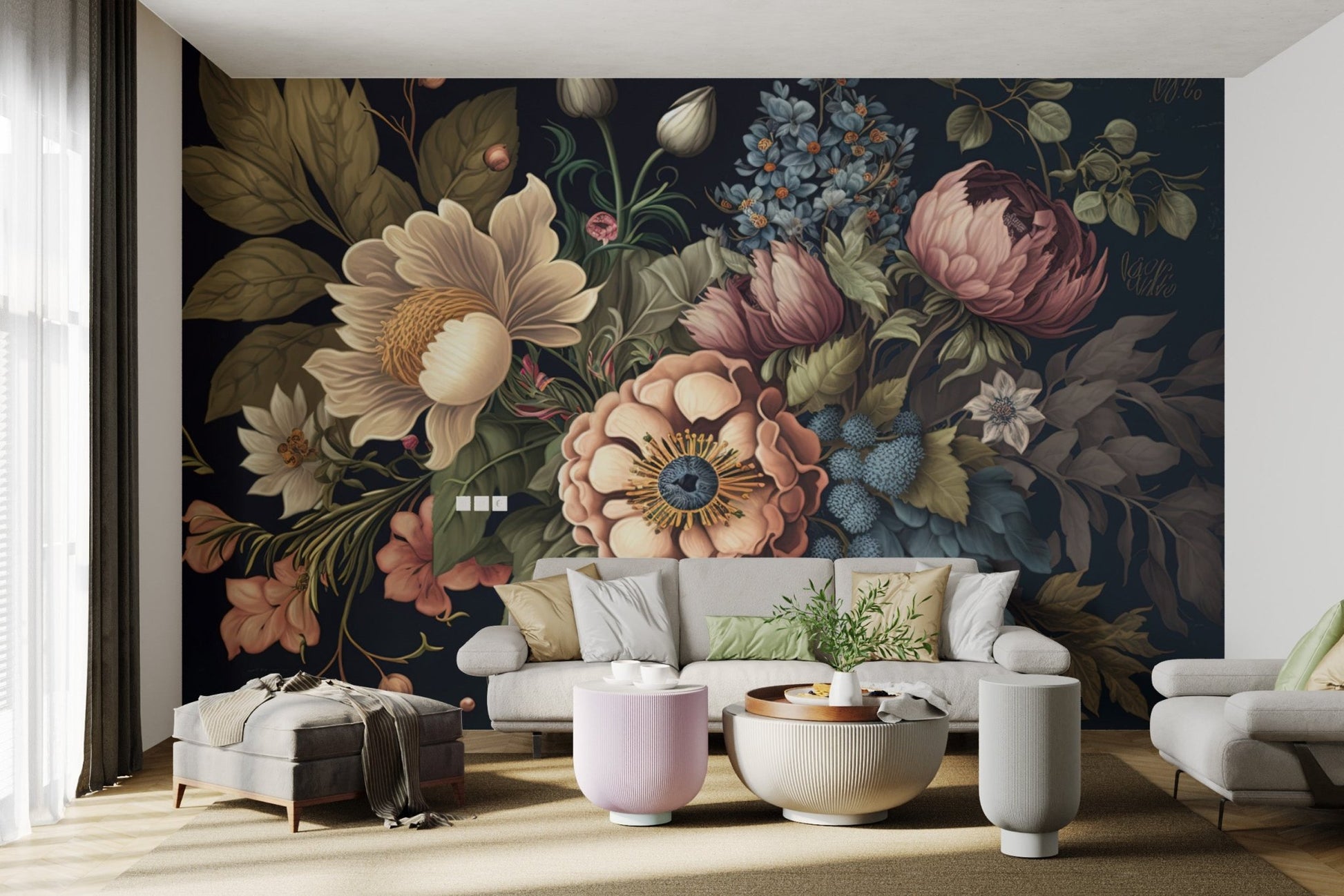 Richly colored floral wallpaper with a traditional hand-painted art style.