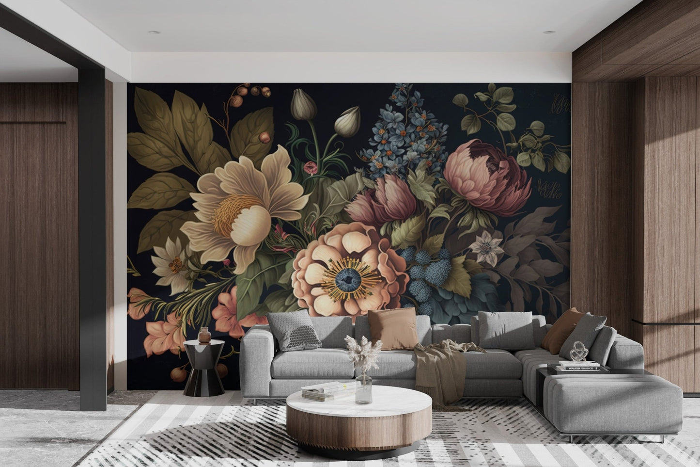 Elegant wall mural showcasing a mix of large blooms and delicate berries.