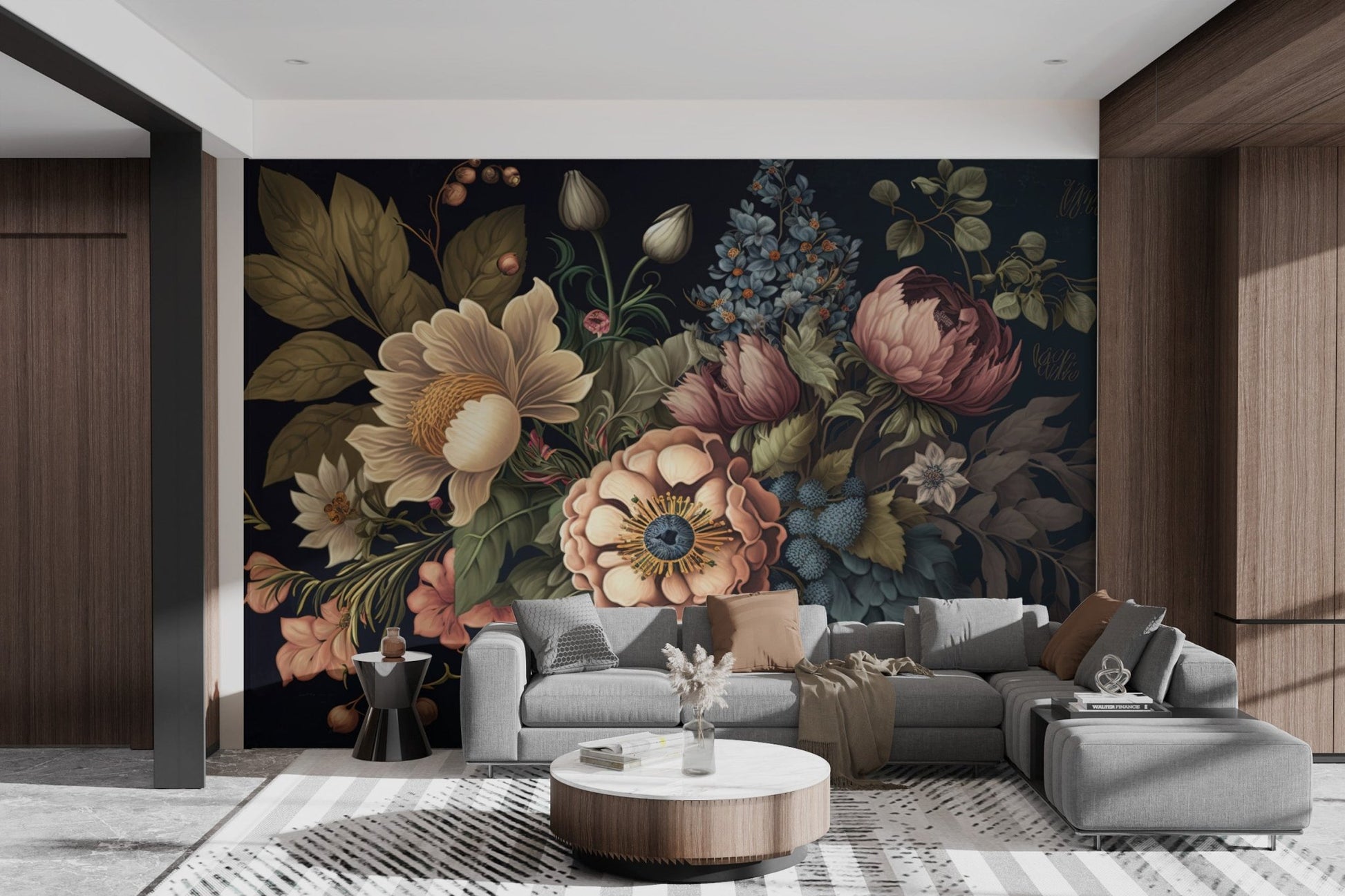 Elegant wall mural showcasing a mix of large blooms and delicate berries.