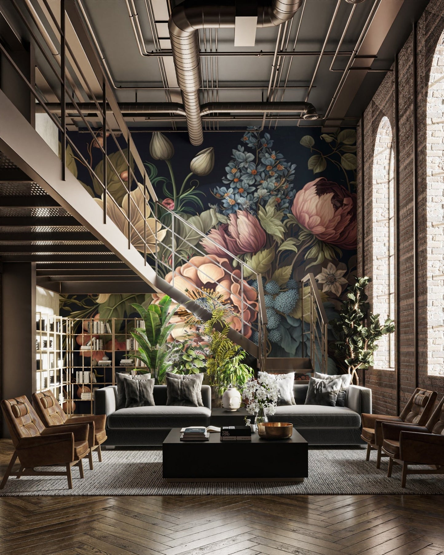 Detailed antique style floral wallpaper with earthy green foliage and peach buds.