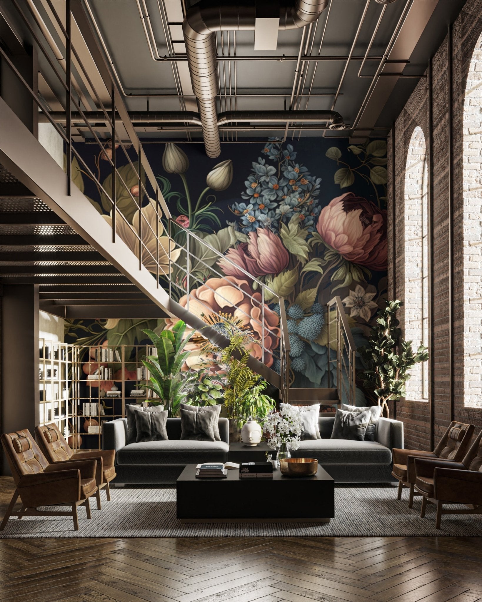 Detailed antique style floral wallpaper with earthy green foliage and peach buds.