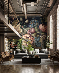 Detailed antique style floral wallpaper with earthy green foliage and peach buds.
