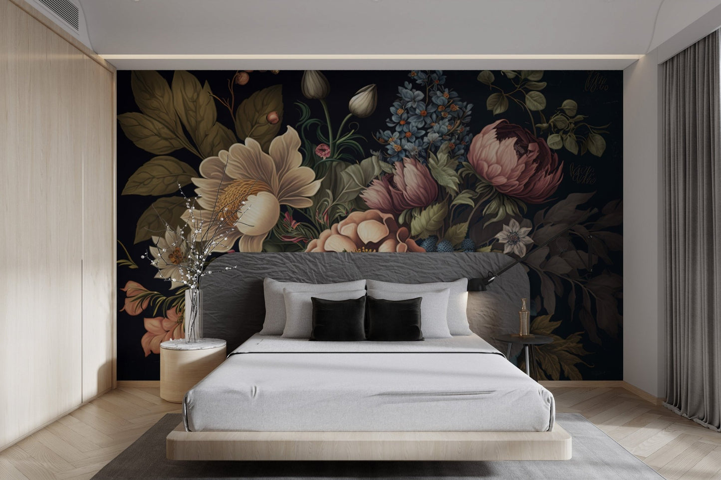 Sophisticated dark vintage floral wallpaper for a refined home interior aesthetic.