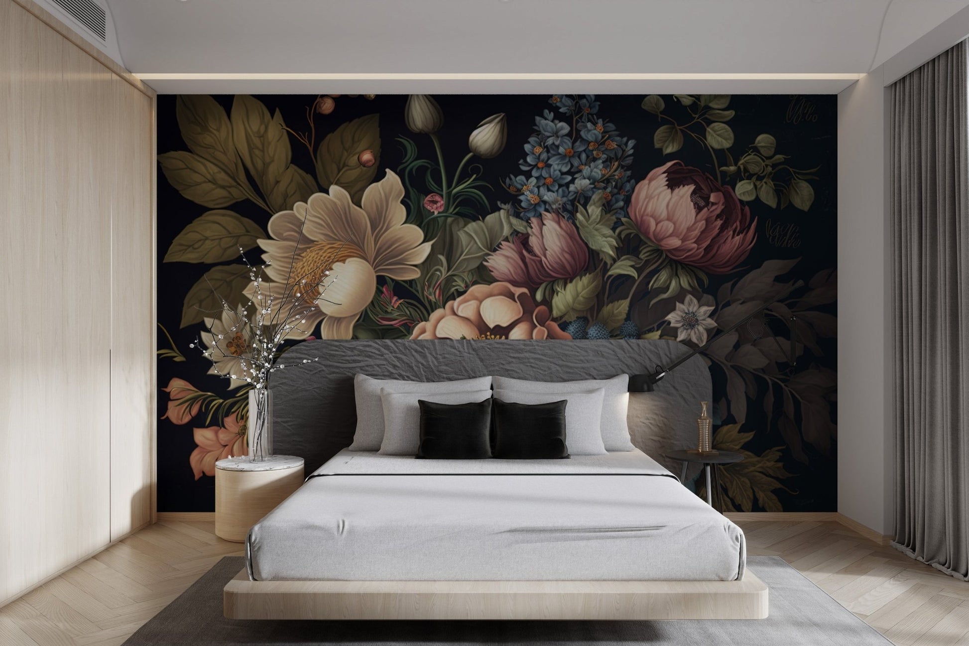 Sophisticated dark vintage floral wallpaper for a refined home interior aesthetic.