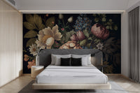 Sophisticated dark vintage floral wallpaper for a refined home interior aesthetic.