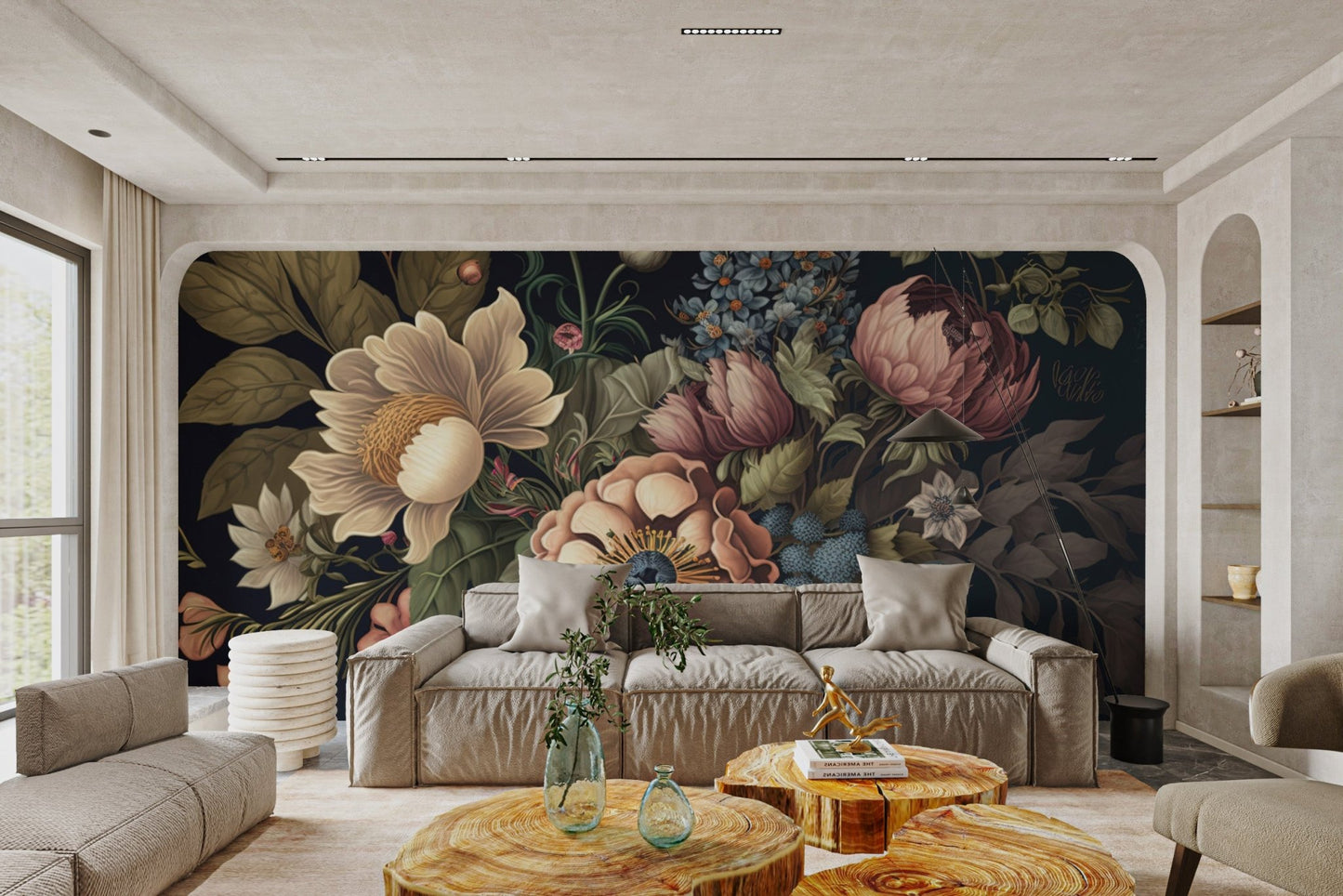 Floral wall mural with intricate petal details and varied botanical textures.