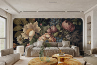 Floral wall mural with intricate petal details and varied botanical textures.